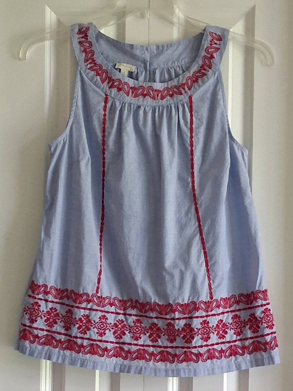 Talbots Blue Sleeveless Top with Red Floral Embroidery Women's Size S